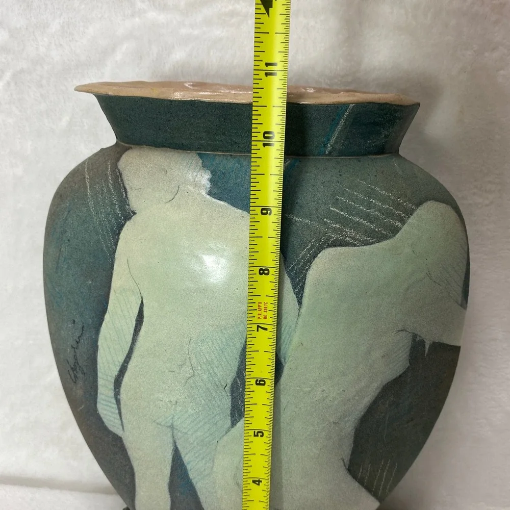 Unique Pottery Ceramic Signed Vase Abstract Design‎ Nude Couple Textured Base